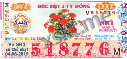 Mẫu vé sô xổ số Kiên Giang ngày 4/8/2019