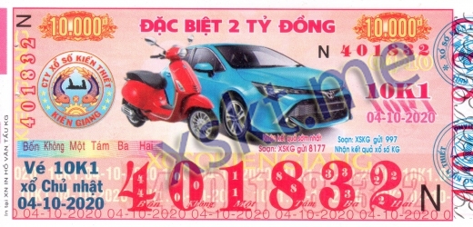 Mẫu vé sô xổ số Kiên Giang ngày 4/10/2020