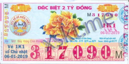 Mẫu vé sô xổ số Kiên Giang ngày 6/1/2019