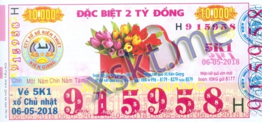 Mẫu vé sô xổ số Kiên Giang ngày 6/5/2018
