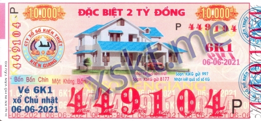 Mẫu vé sô xổ số Kiên Giang ngày 6/6/2021