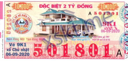 Mẫu vé sô xổ số Kiên Giang ngày 6/9/2020