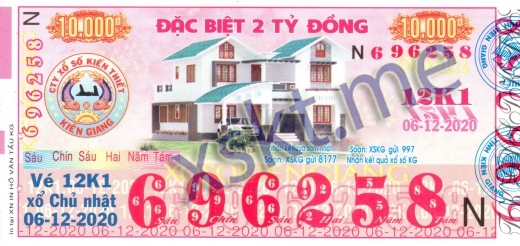 Mẫu vé sô xổ số Kiên Giang ngày 6/12/2020