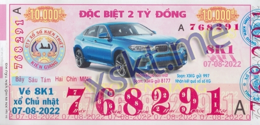 Mẫu vé sô xổ số Kiên Giang ngày 7/8/2022