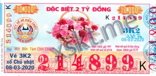 Mẫu vé sô xổ số Kiên Giang ngày 8/3/2020