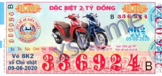 Mẫu vé sô xổ số Kiên Giang ngày 9/8/2020