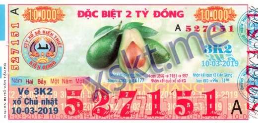 Mẫu vé sô xổ số Kiên Giang ngày 10/3/2019