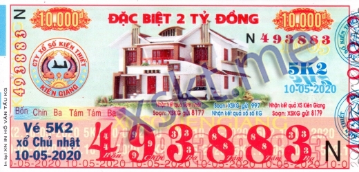 Mẫu vé sô xổ số Kiên Giang ngày 10/5/2020