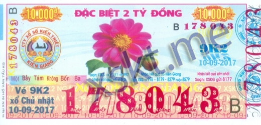 Mẫu vé sô xổ số Kiên Giang ngày 10/9/2017