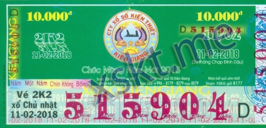 Mẫu vé sô xổ số Kiên Giang ngày 11/2/2018