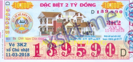 Mẫu vé sô xổ số Kiên Giang ngày 11/3/2018