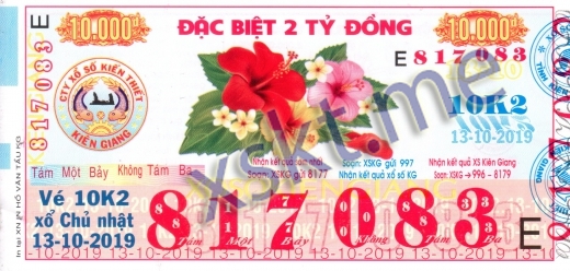 Mẫu vé sô xổ số Kiên Giang ngày 13/10/2019