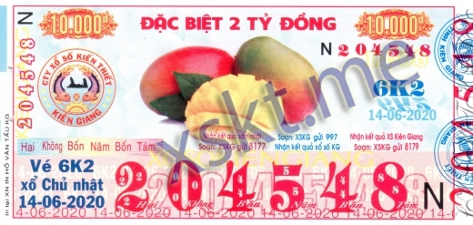Mẫu vé sô xổ số Kiên Giang ngày 14/6/2020