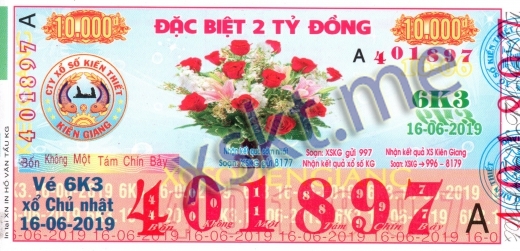 Mẫu vé sô xổ số Kiên Giang ngày 16/6/2019