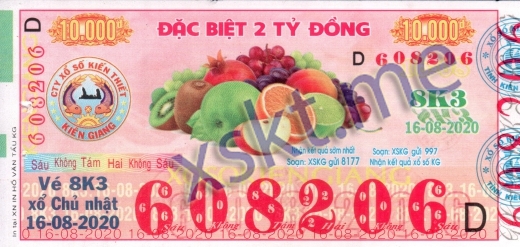 Mẫu vé sô xổ số Kiên Giang ngày 16/8/2020