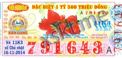 Mẫu vé sô xổ số Kiên Giang ngày 16/11/2014