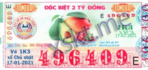 Mẫu vé sô xổ số Kiên Giang ngày 17/1/2021