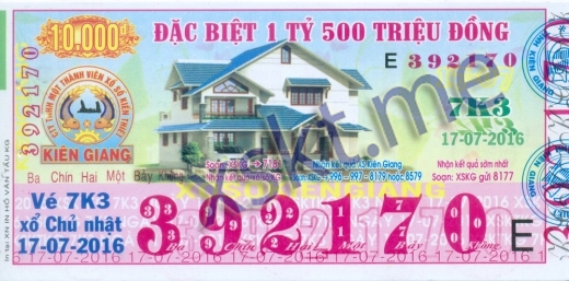 Mẫu vé sô xổ số Kiên Giang ngày 17/7/2016