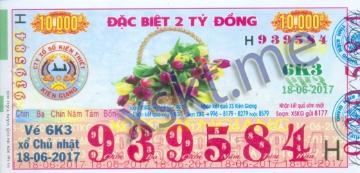 Mẫu vé sô xổ số Kiên Giang ngày 18/6/2017