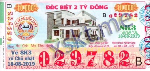 Mẫu vé sô xổ số Kiên Giang ngày 18/8/2019