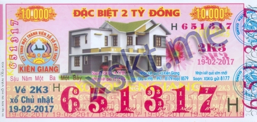 Mẫu vé sô xổ số Kiên Giang ngày 19/2/2017