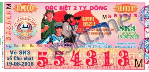 Mẫu vé sô xổ số Kiên Giang ngày 19/8/2018