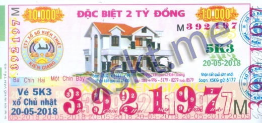 Mẫu vé sô xổ số Kiên Giang ngày 20/5/2018