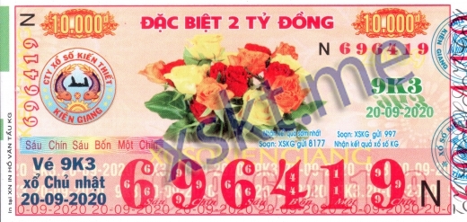 Mẫu vé sô xổ số Kiên Giang ngày 20/9/2020