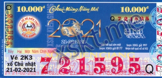 Mẫu vé sô xổ số Kiên Giang ngày 21/2/2021