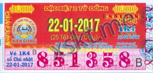 Mẫu vé sô xổ số Kiên Giang ngày 22/1/2017
