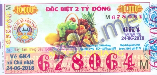 Mẫu vé sô xổ số Kiên Giang ngày 24/6/2018
