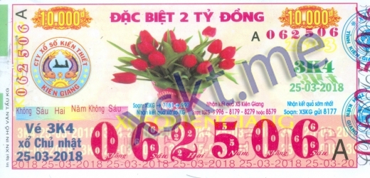 Mẫu vé sô xổ số Kiên Giang ngày 25/3/2018