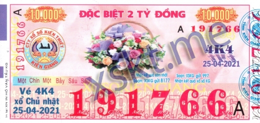Mẫu vé sô xổ số Kiên Giang ngày 25/4/2021