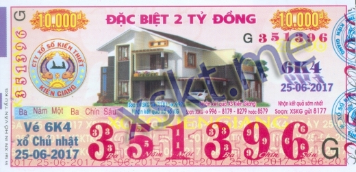 Mẫu vé sô xổ số Kiên Giang ngày 25/6/2017