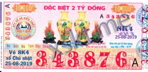 Mẫu vé sô xổ số Kiên Giang ngày 25/8/2019