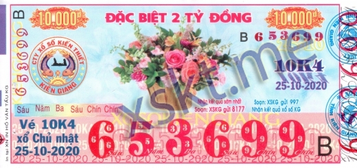 Mẫu vé sô xổ số Kiên Giang ngày 25/10/2020