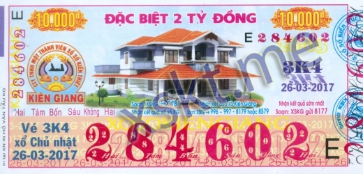 Mẫu vé sô xổ số Kiên Giang ngày 26/3/2017