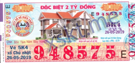 Mẫu vé sô xổ số Kiên Giang ngày 26/5/2019