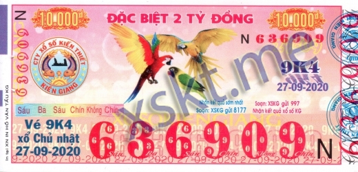 Mẫu vé sô xổ số Kiên Giang ngày 27/9/2020