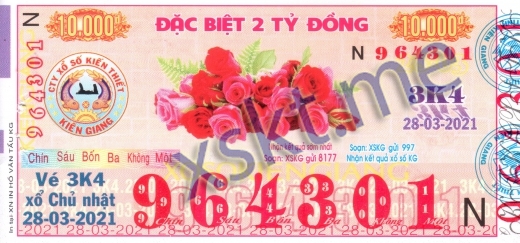 Mẫu vé sô xổ số Kiên Giang ngày 28/3/2021