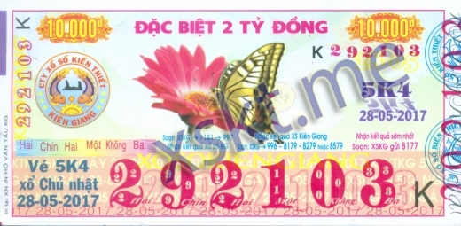 Mẫu vé sô xổ số Kiên Giang ngày 28/5/2017