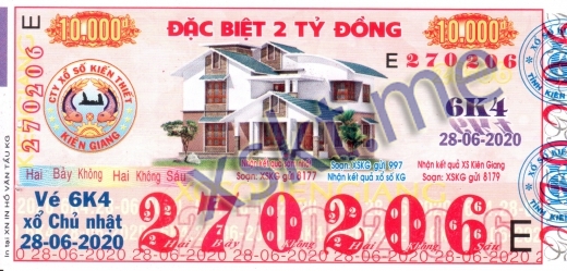 Mẫu vé sô xổ số Kiên Giang ngày 28/6/2020