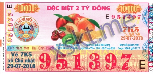 Mẫu vé sô xổ số Kiên Giang ngày 29/7/2018