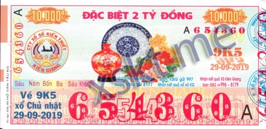 Mẫu vé sô xổ số Kiên Giang ngày 29/9/2019