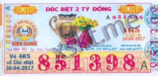 Mẫu vé sô xổ số Kiên Giang ngày 30/4/2017