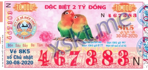 Mẫu vé sô xổ số Kiên Giang ngày 30/8/2020