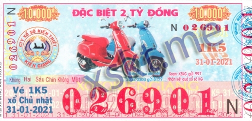Mẫu vé sô xổ số Kiên Giang ngày 31/1/2021