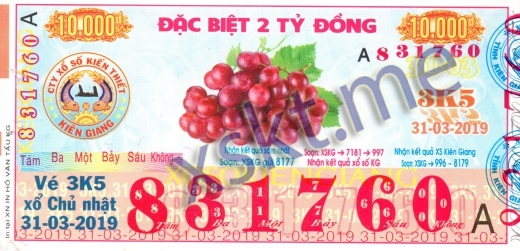 Mẫu vé sô xổ số Kiên Giang ngày 31/3/2019