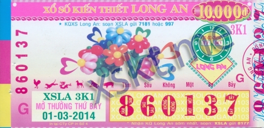 Mẫu vé sô xổ số Long An ngày 1/3/2014