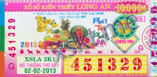 Mẫu vé sô xổ số Long An ngày 2/2/2013